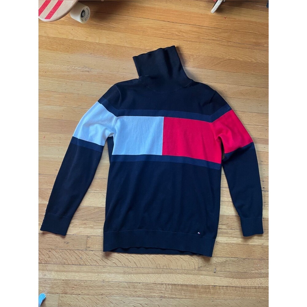 Vintage American Tommy Hilfiger flag logo thin cotton blend sweater turtleneck L